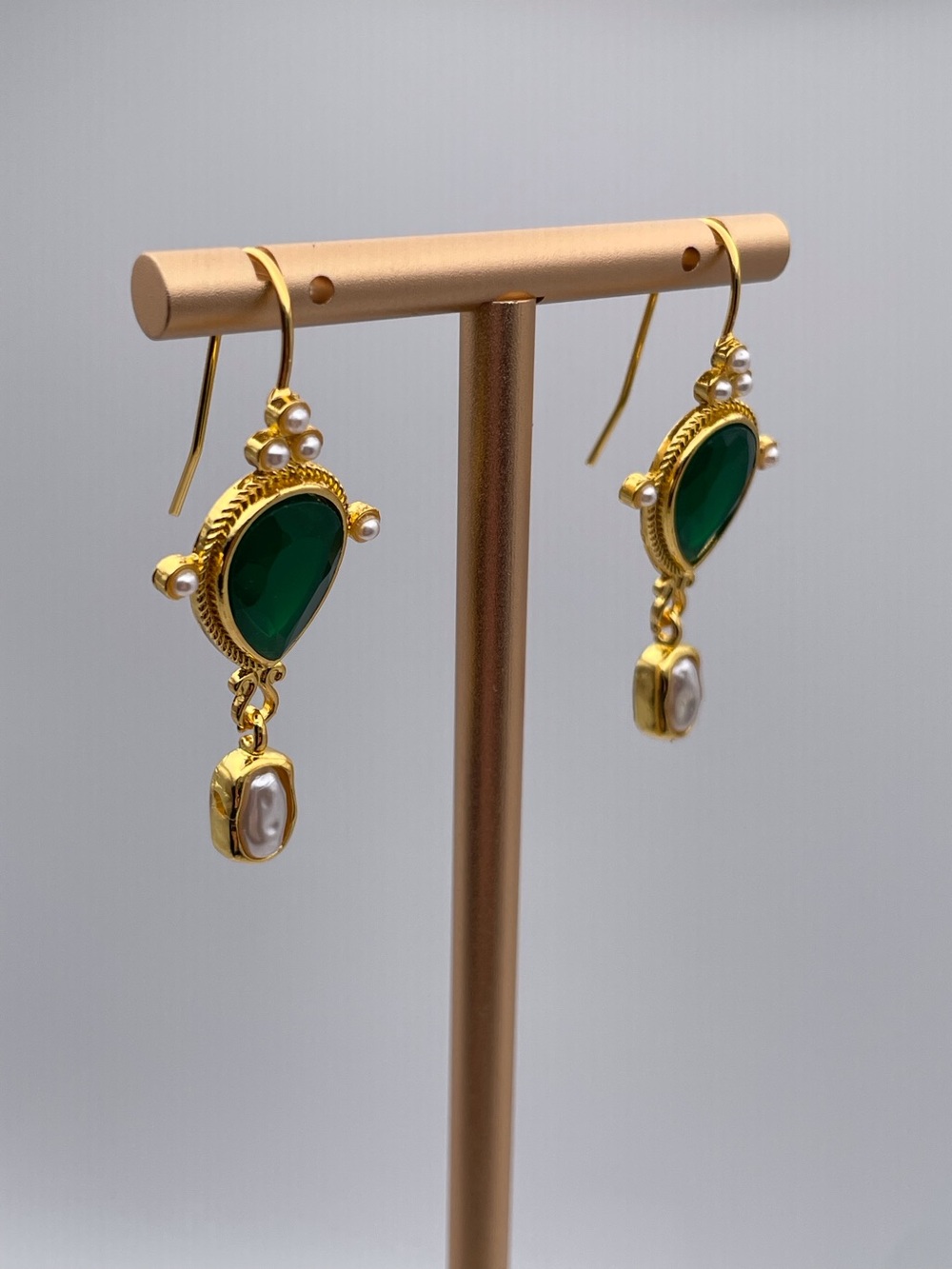 Gold Green Gem Faux Pearl Earrings - Picture 3 of 9